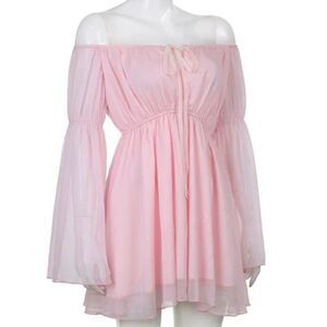 Coquette light pink chiffon flowy off shoulder mini Fairycore bell sleeve dress